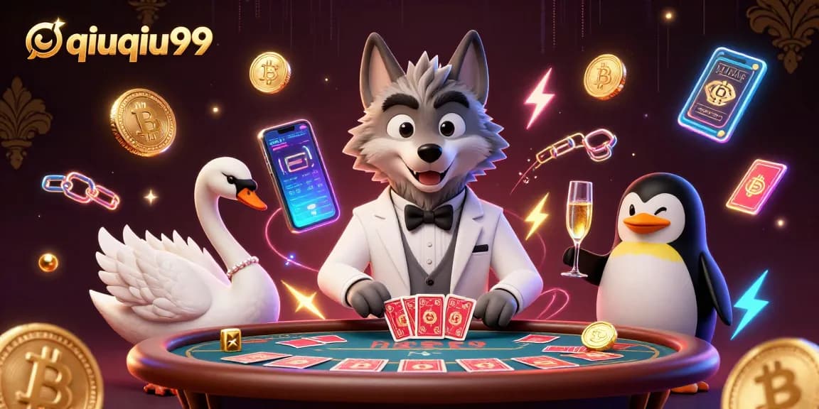 Experience thrilling gameplay with qiuqiu99 in a lively casino scene featuring a wolf, swan, and penguin.