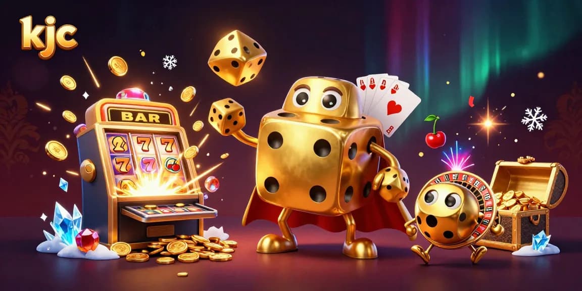 kjc presents a lively 3D scene with golden dice, jackpot symbols, and vibrant casino game elements.