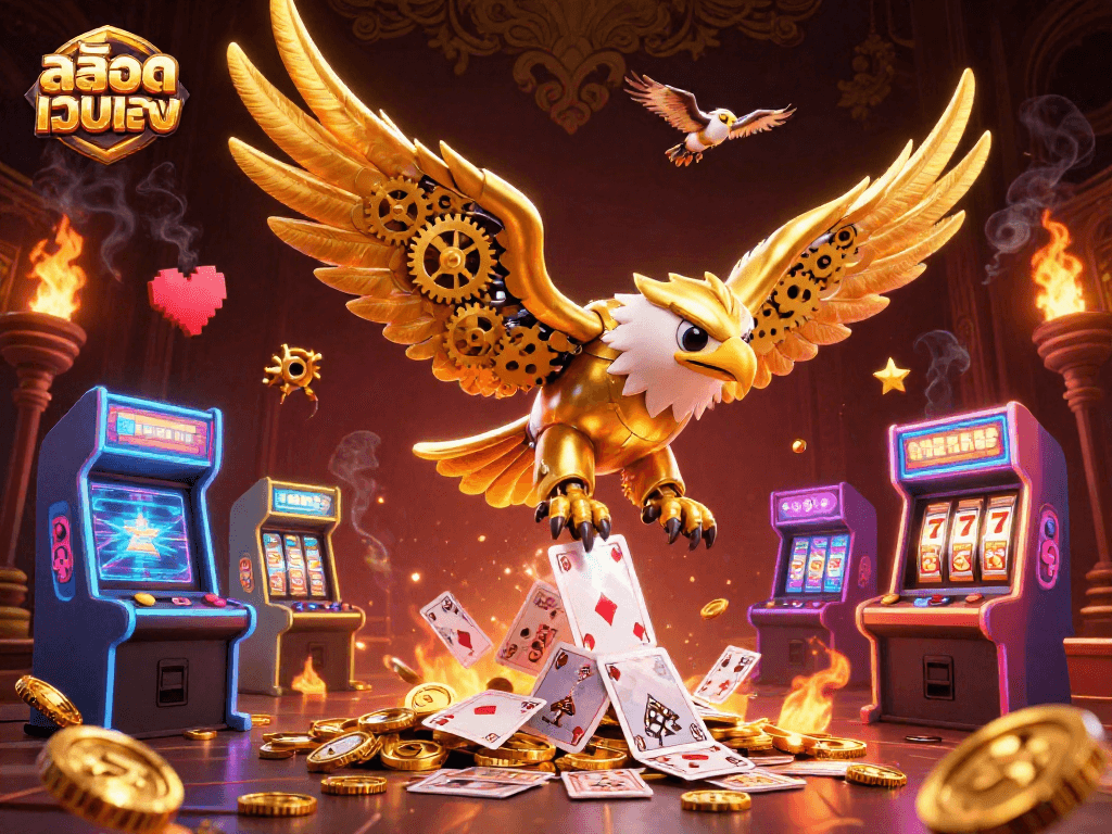 Experience the thrill of สล็อตเว็บตรง with a vibrant 3D casino scene featuring cybernetic eagle and gaming icons.