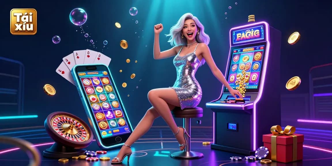 Experience Tài xỉu excitement with a gorgeous Asian woman in a dazzling casino scene filled with jackpot thrills and colorful games.