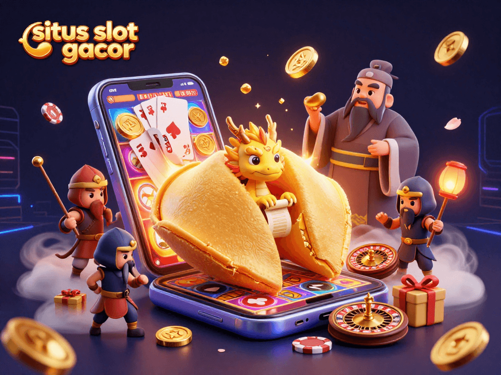 Engage with the vibrant situs slot gacor world featuring golden coins erupting and a wise dragon reading fortunes.