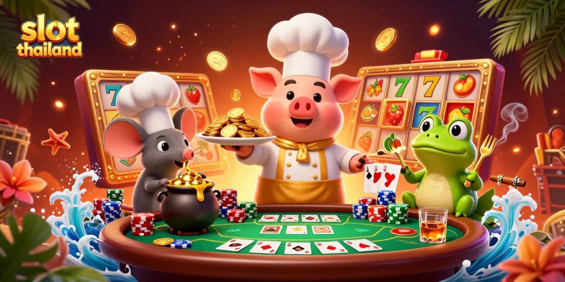 Engage with slot thailand's dynamic gaming scene featuring colorful slot reels and cheerful characters.