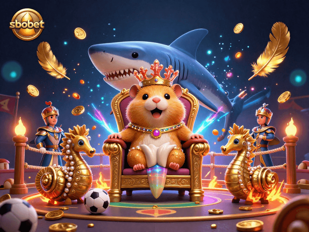 Engage in sbobet sports betting with a dynamic illustration featuring a colorful betting arena and royal symbols.