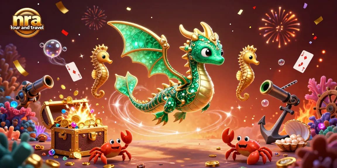 Experience the thrill with nra tour and travel, featuring an emerald sea dragon and treasure chest.
