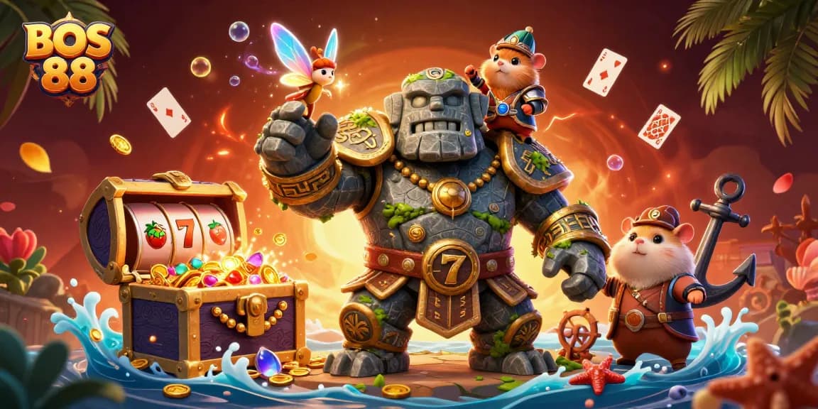BOS 88 mempersembahkan golem 3D dan teman bertema kasino yang penuh semangat dalam ilustrasi slot online.