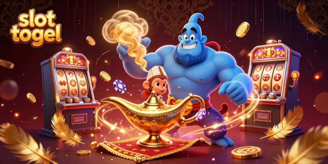 Engage with thrilling slot togel adventures featuring a genie and magic carpet in a vibrant casino scene.