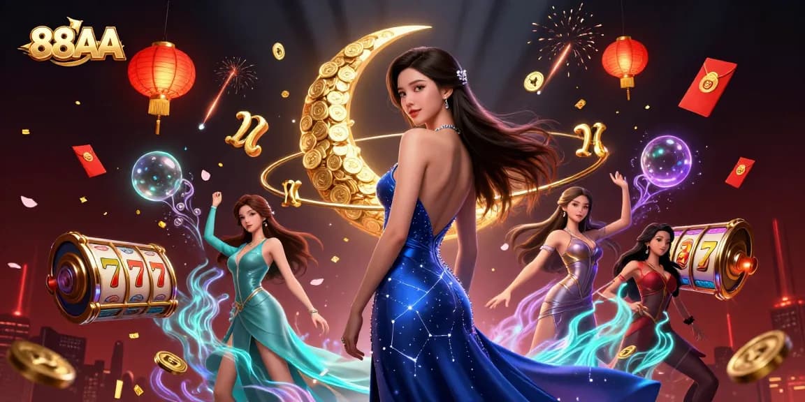 Experience the thrill of 88AA with an elegant Asian woman among cascading slot reels and festive decorations.