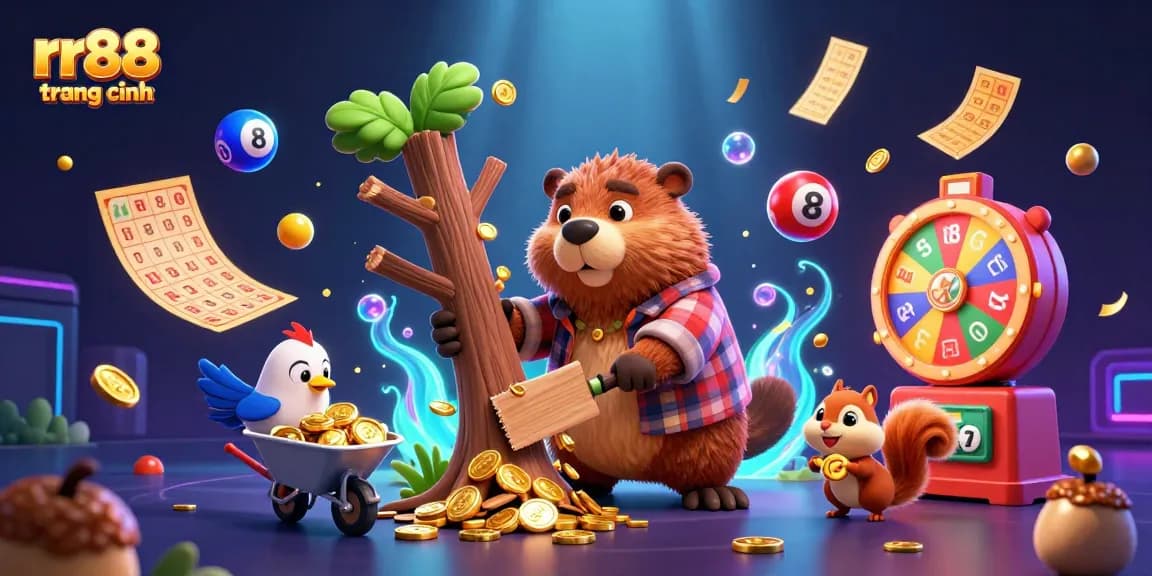 Play at rr88 trang chính and win coins with colorful lottery elements in a vibrant casino-themed scene.