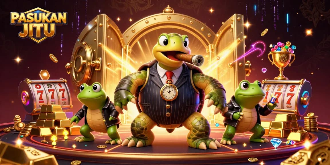 PASUKAN JITU showcases a cartoon casino scene with a turtle in a mobster suit surrounded by gold treasures and slot reels.