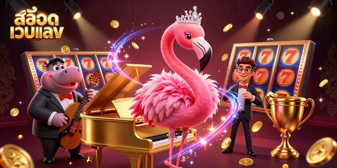 Play exciting สล็อตเว็บตรง with flamingo and hippo musicians in a vibrant casino scene.