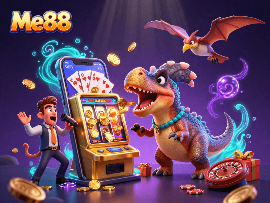 Experience the thrilling Me88 jackpot action with dynamic casino characters in a vibrant illustration.