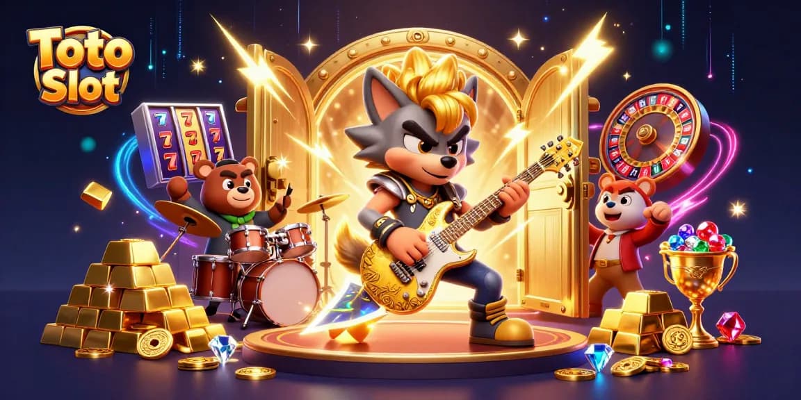 Toto Slot offers vibrant 3D illustration of a cartoon wolf rock star and bear drummer in a dynamic casino scene.