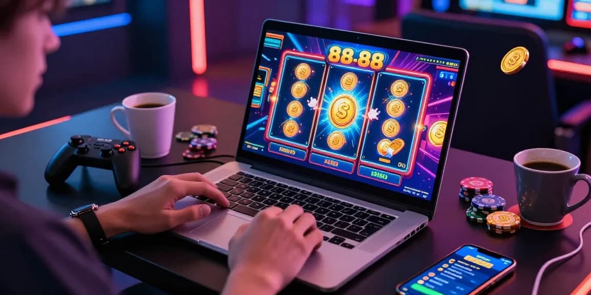 Pengalaman bermain slot88 yang ceria dengan permainan di laptop dan cahaya neon.