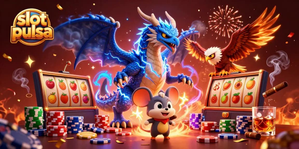 Experience the thrill of slot pulsa with vibrant graphics featuring a thunder dragon, poker chips, and slot reels.