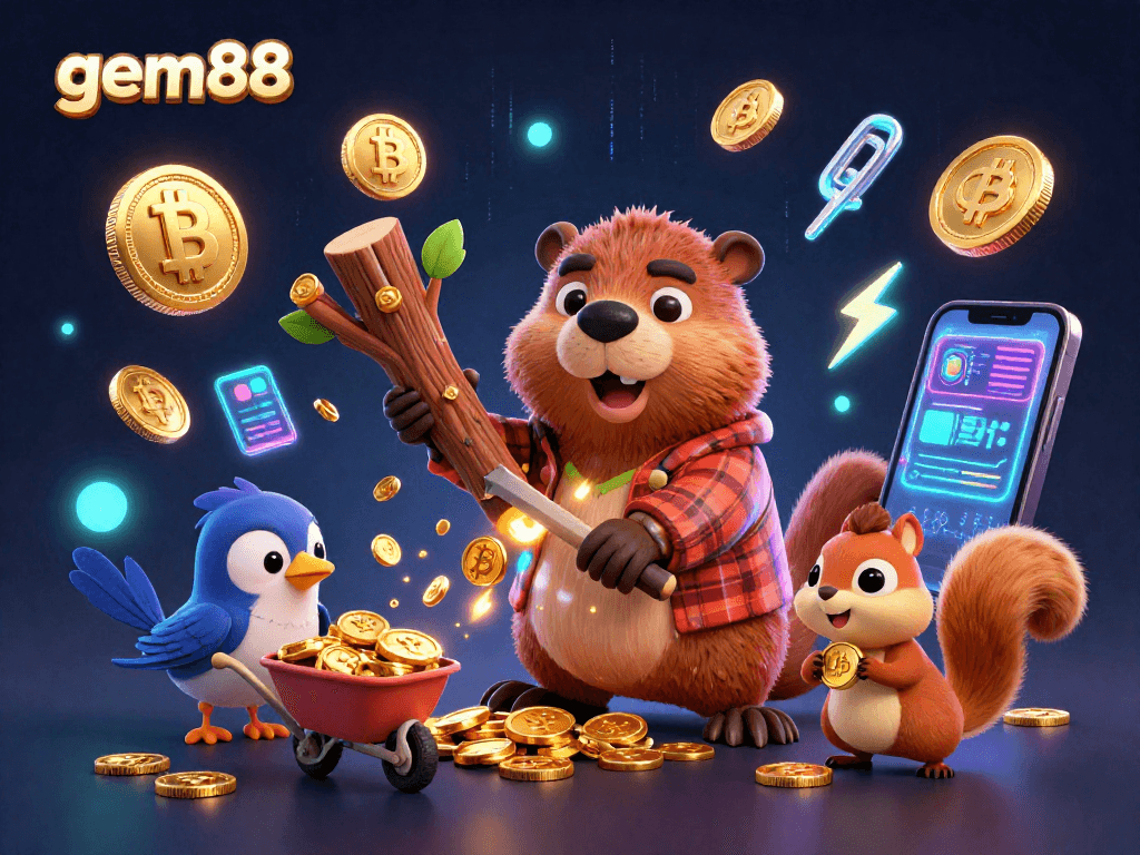 Experience gem88's vibrant casino magic with a whimsical beaver and digital coin scene.