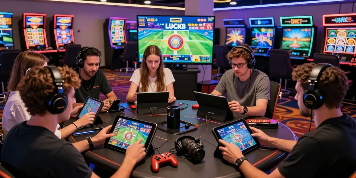 LUCK8 digital gaming platform experience with friends enjoying live games in a vibrant casino setting