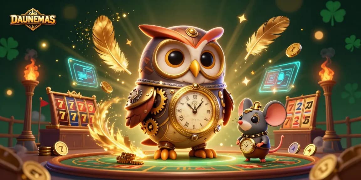 Experience thrilling gameplay at DAUNEMAS with steampunk owl and casino elements as you spin to win.
