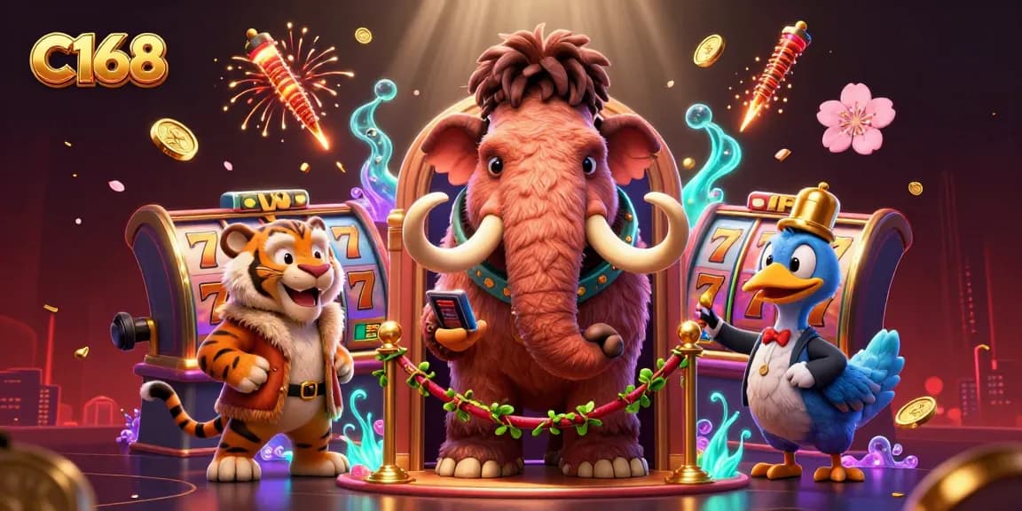 Engage with C168's vibrant casino scene featuring a woolly mammoth bouncer and VIP guests amidst slot reels.