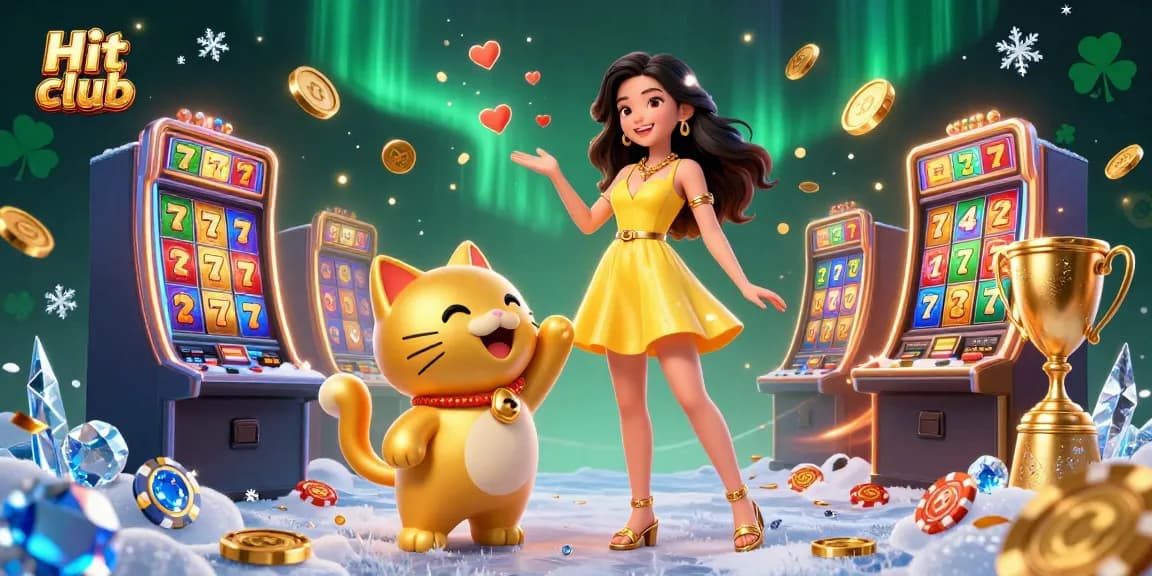 Hit club brings excitement with vibrant casino slot games featuring a cheerful woman and lucky cat.