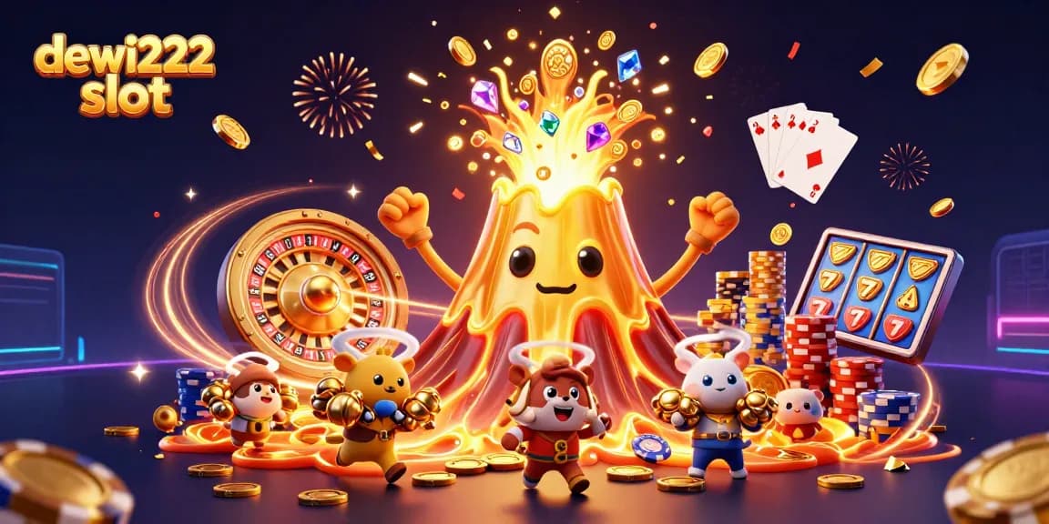 Experience thrilling wins with dewi222 slot in this vibrant 3D casino scene filled with treasures.