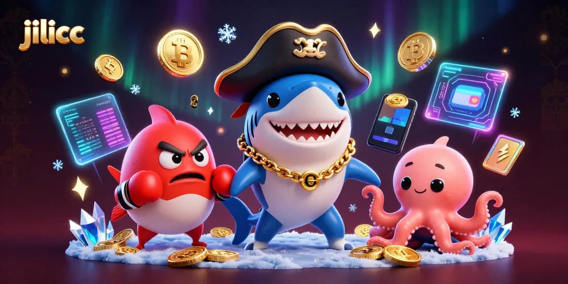 Engage with jilicc's colorful gaming world featuring a pirate shark, pufferfish, and octopus.