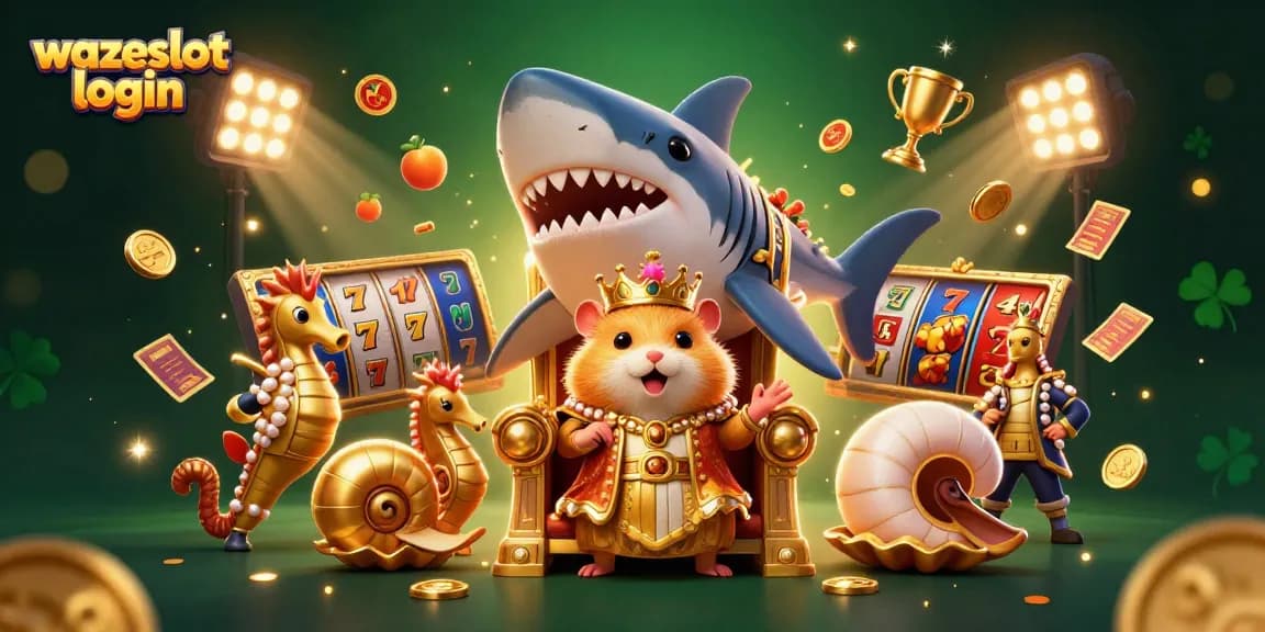 Win with wazeslot login featuring a golden hamster king amidst jackpot elements in vibrant 3D illustration.