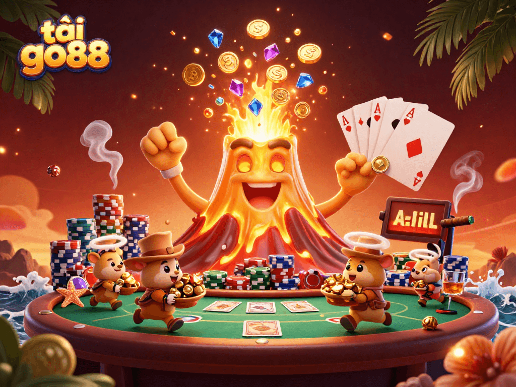Spin to win with tải go88 featuring a golden volcano erupting coins amidst poker elements
