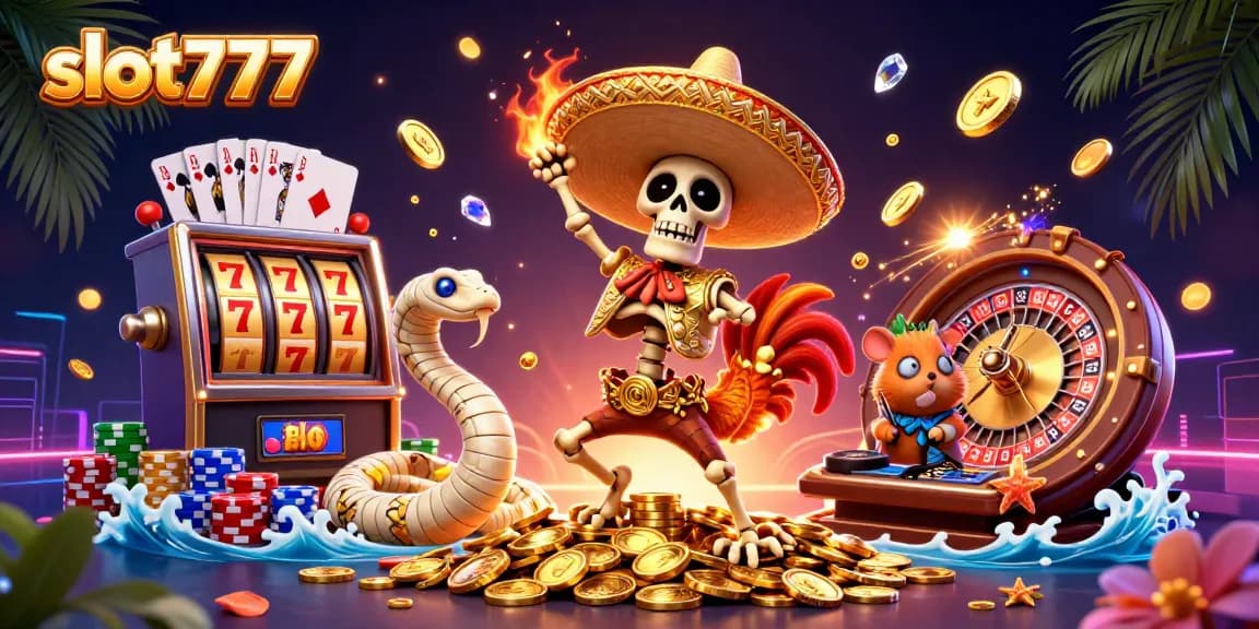 Slot777 menawarkan pengalaman kemenangan dengan ilustrasi penuh warna dari karakter menarik dalam suasana kasino yang menggembirakan.