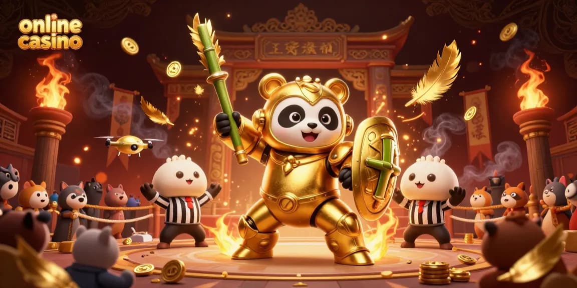Experience the action of an online casino with a dynamic panda mech battle scene filled with vibrant energy.