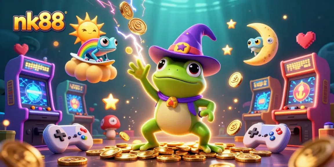 Win big with nk88 as a frog wizard conjures a coin storm in a vibrant casino illustration.