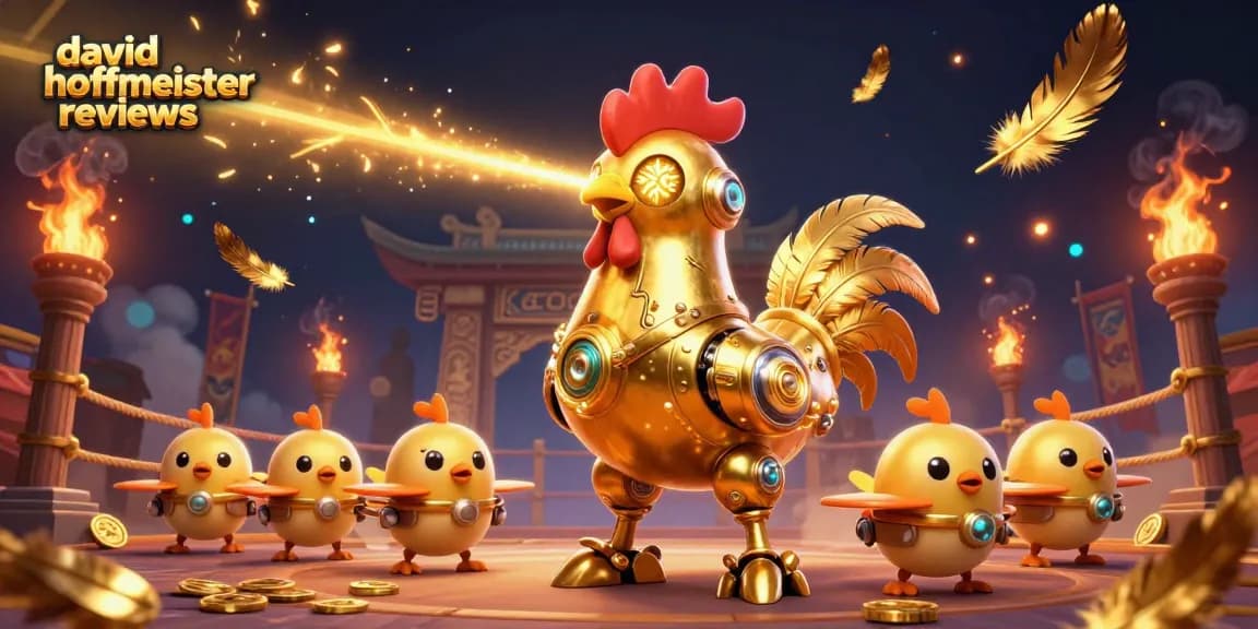 david hoffmeister reviews in an action-packed casino scene with a futuristic rooster robot and betting tokens