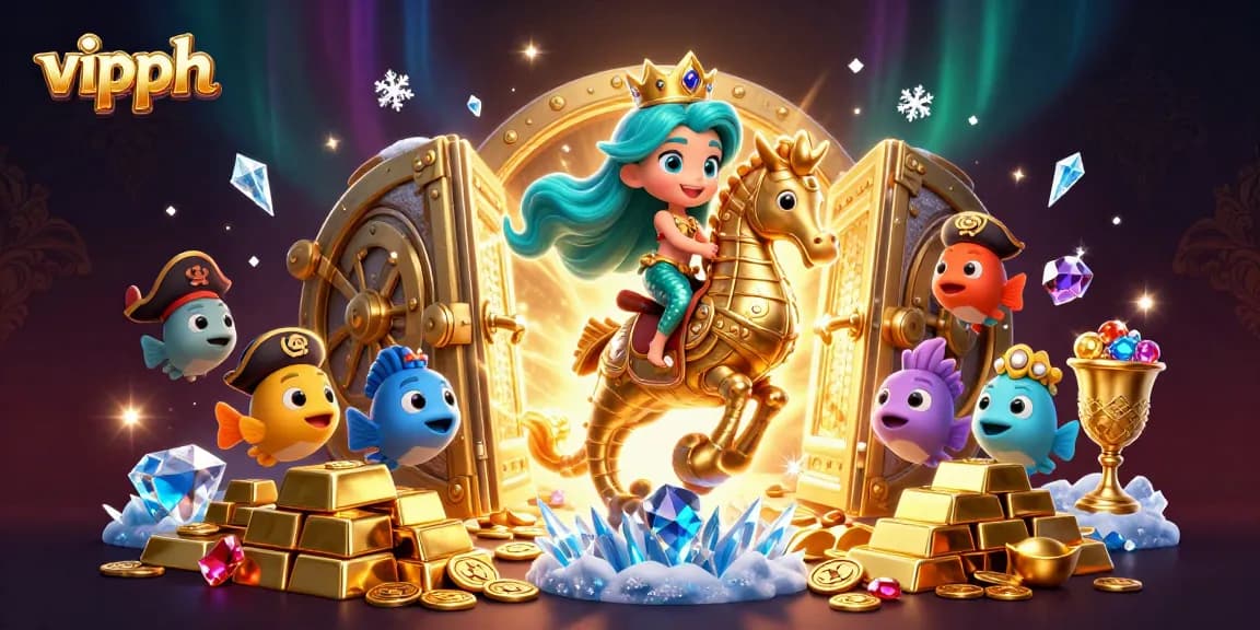 Experience the vibrant world of vipph with a mermaid princess and seahorse in a treasure-filled scene.