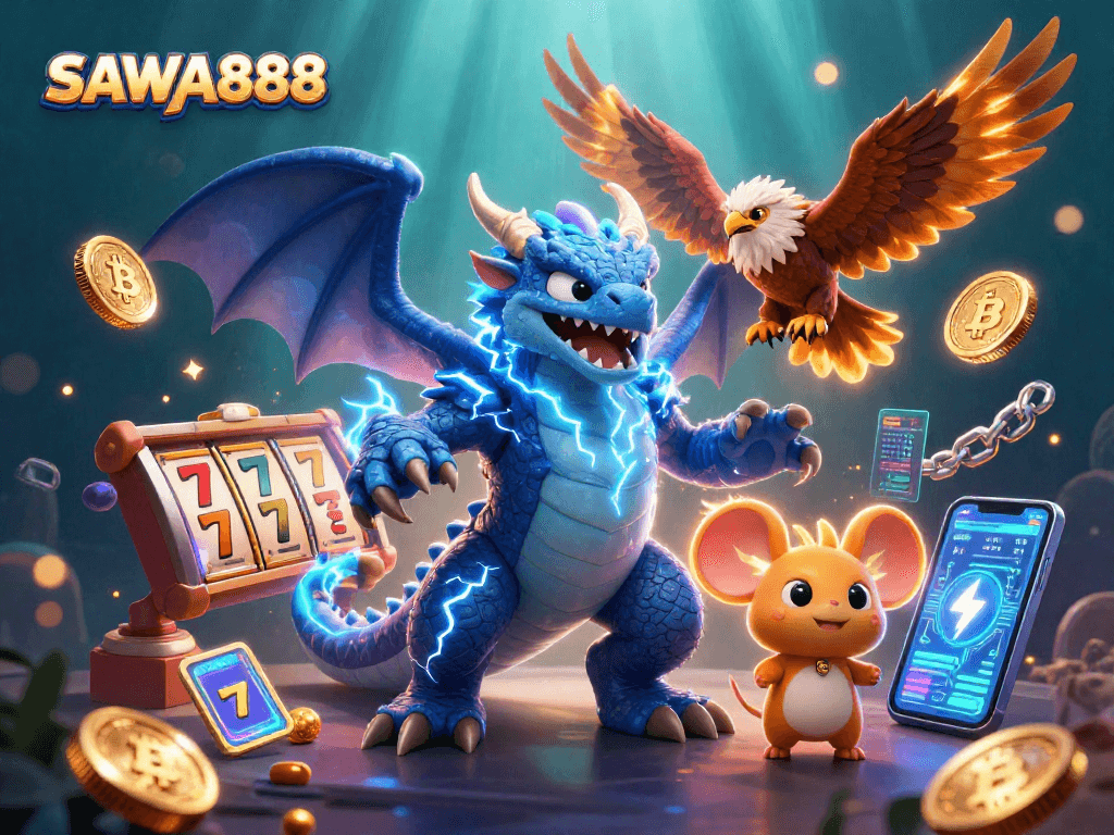Experience the thrill of gaming with SAWA888 in a vibrant 3D casino scene, featuring dynamic characters and slot reels.