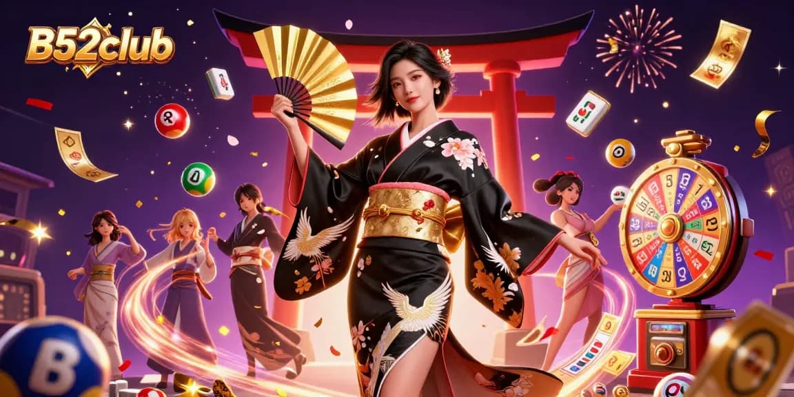 Win big with B52club in a vibrant casino scene filled with colorful lottery elements and festive atmosphere.