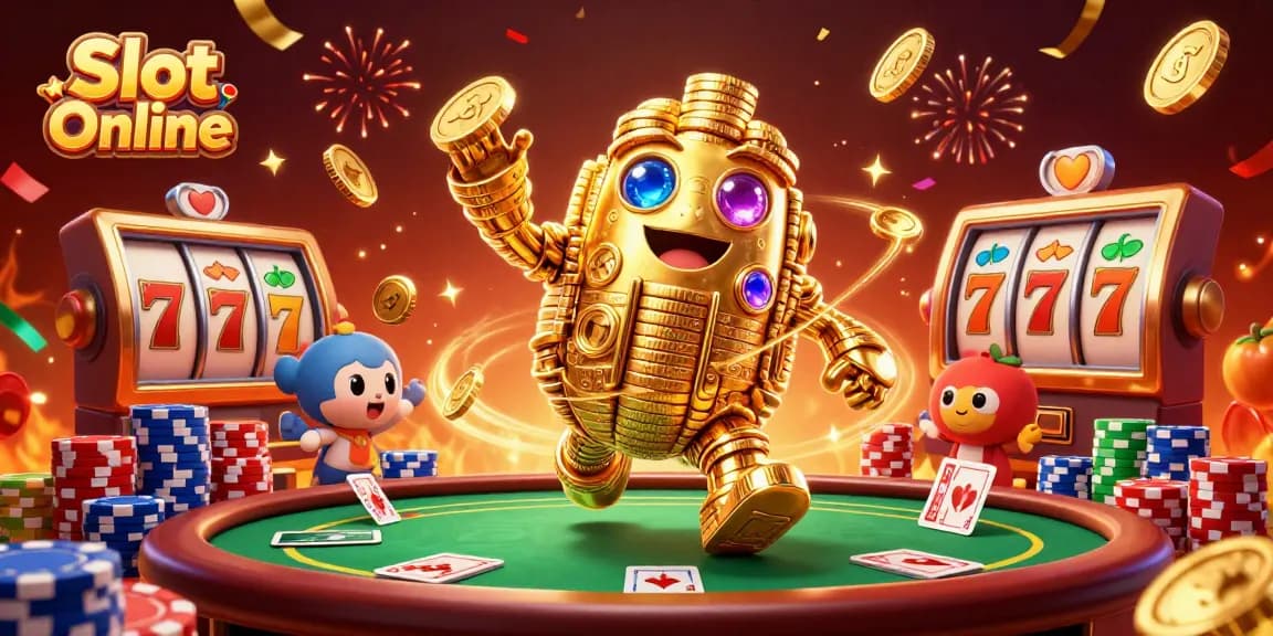 Spin and win with thrilling Slot Online games featuring vibrant slot reels and golden golems.