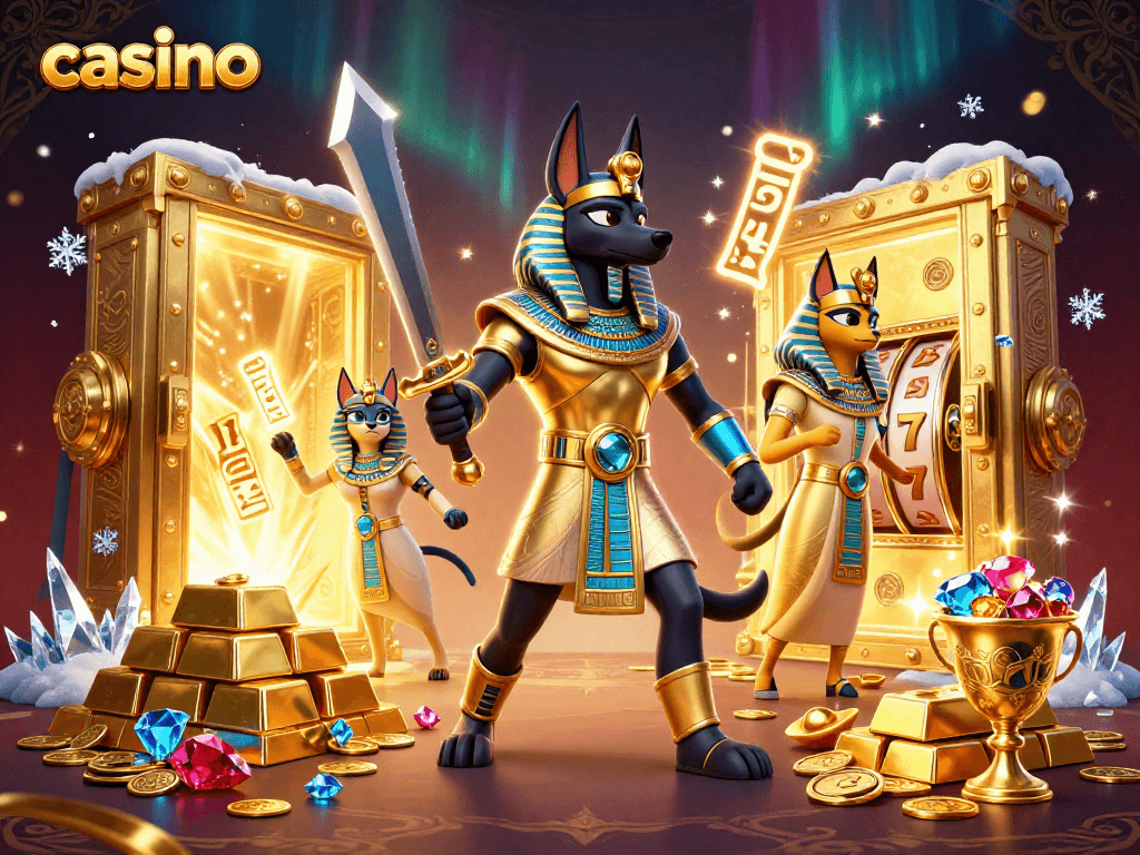 Engage with an exciting casino scene featuring treasures, Anubis, and Bastet in vibrant 3D illustration.