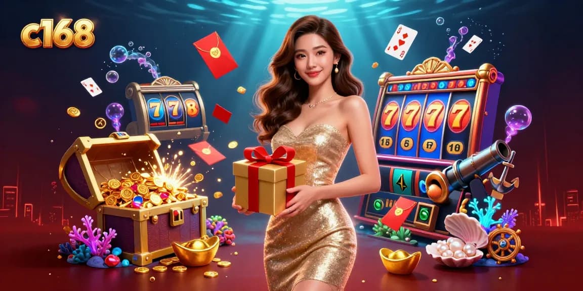 Experience thrilling slots at c168 with vibrant golden coins and festive decorations in a dynamic casino scene.