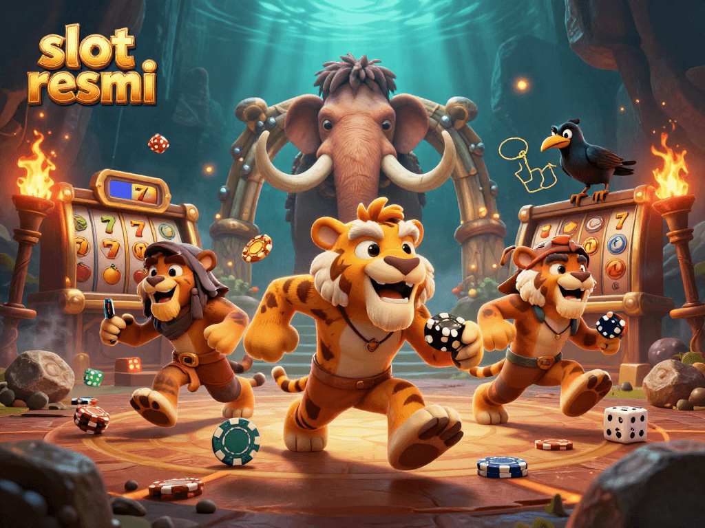 Engage with slot resmi through vibrant characters in a dynamic prehistoric casino scene.