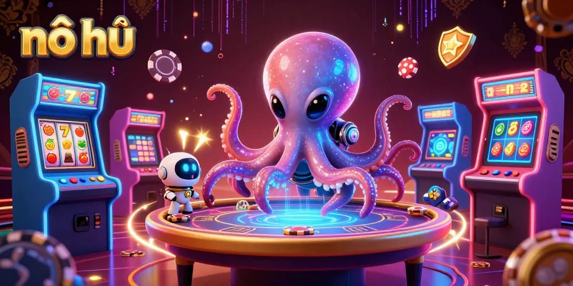 Experience the excitement of nổ hũ with a galactic twist featuring an alien octopus and animated casino elements.