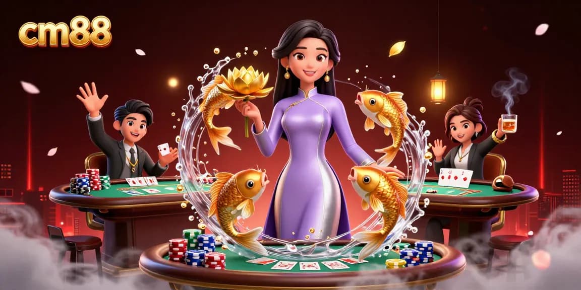 Experience exciting gambling at cm88 with vibrant Asian-themed casino illustration featuring poker elements.
