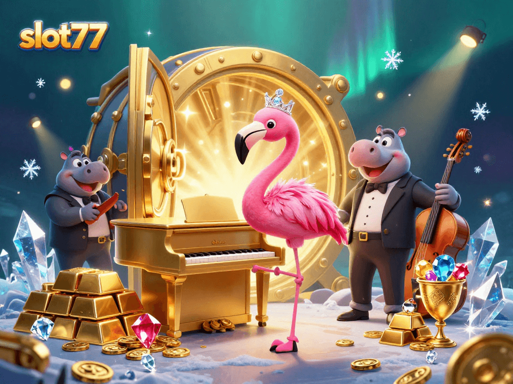 Play winning slots at slot77, vibrant casino illustration featuring flamingo and hippo amidst gold treasures.