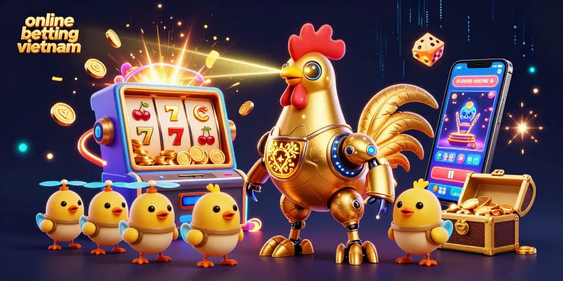 Experience online betting Vietnam with a vibrant casino scene featuring a golden rooster robot and dynamic gaming elements.