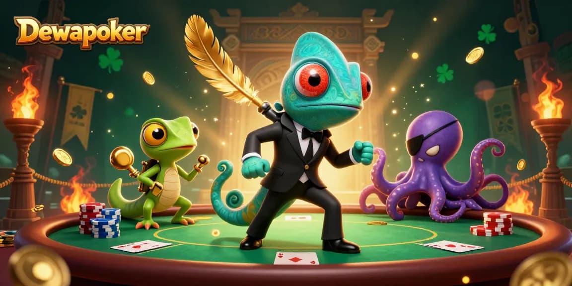 Dewapoker showcases a vivid poker battle scene with vibrant characters and dynamic poker elements.