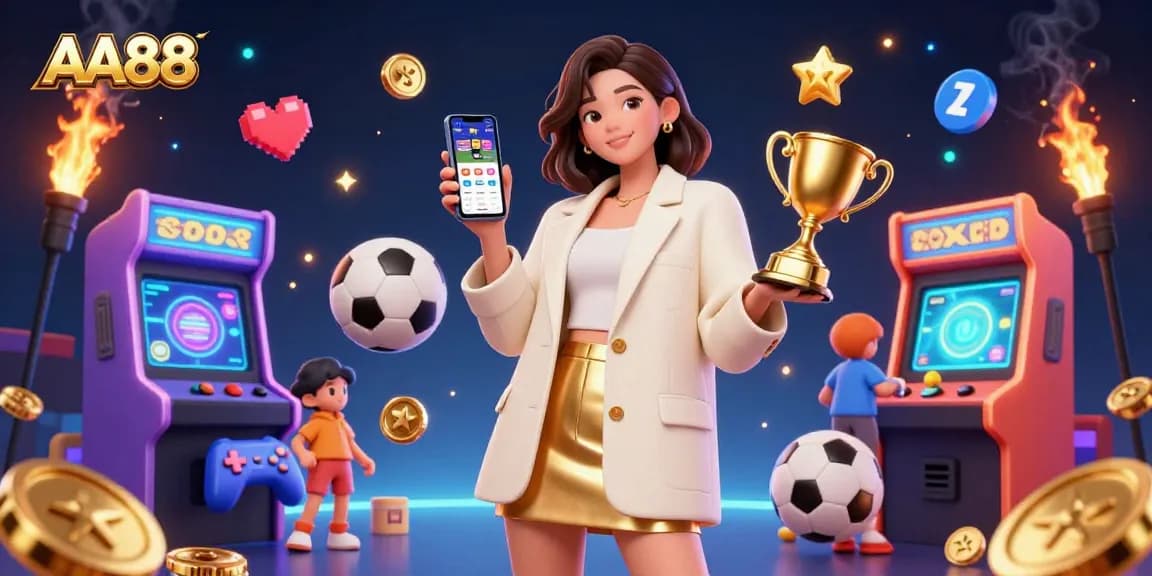 Experience exhilarating sports betting with AA88, featuring a vibrant dynamic scene full of gaming elements.
