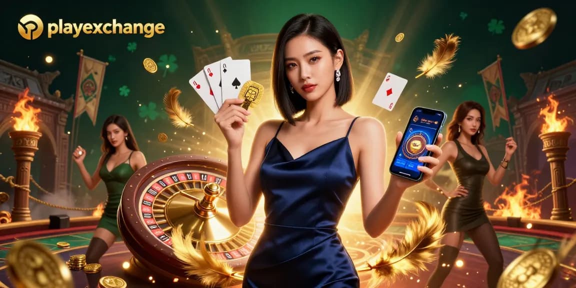 Experience the excitement of playexchange with a stunning Asian woman showcasing a casino app.