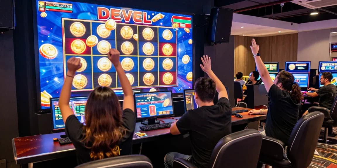 Para pemain merayakan kemenangan slot jackpot di kasino online Dewa123 yang penuh warna