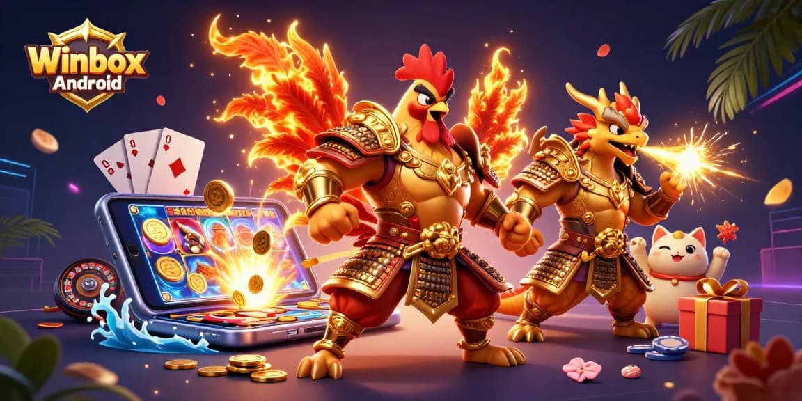 Experience the thrilling Winbox Android app with dynamic casino action and vibrant illustrations.