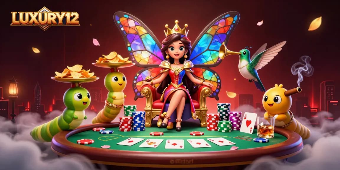 LUXURY12 showcases a vibrant digital casino scene with a butterfly queen and poker elements.