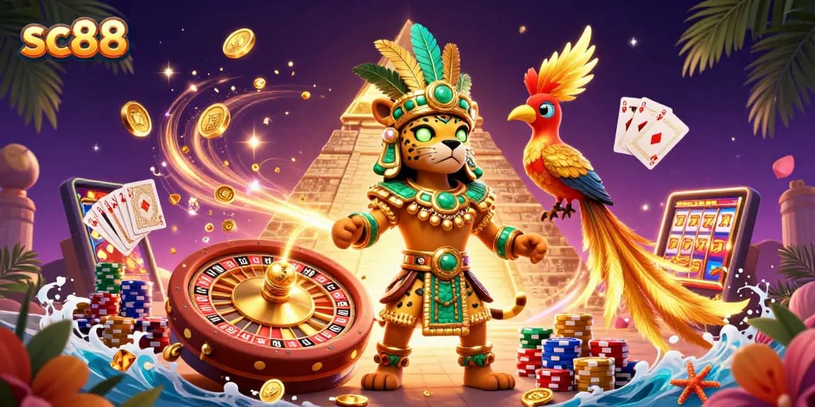 Experience thrilling wins at sc88 with a vibrant 3D casino illustration showcasing captivating characters and game elements.