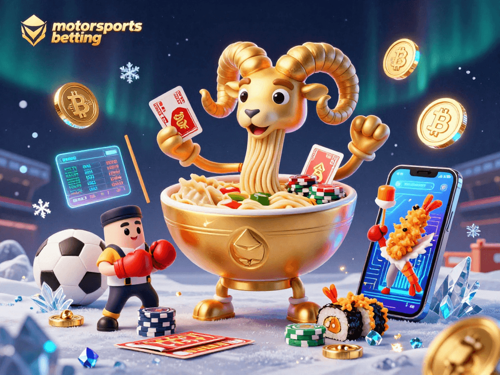 Engage in thrilling motorsports betting with a vibrant scene of animated characters and crypto elements.